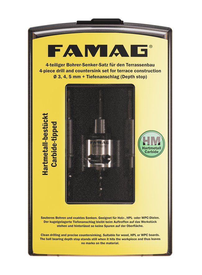 KIT Avellanador 3578 con tope profundidad y brocas 3,4 y 5 mm HSS - famag